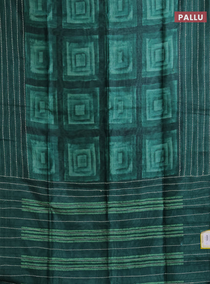 Semi tussar saree green with allover geometric prints and katha stitch work pallu & border