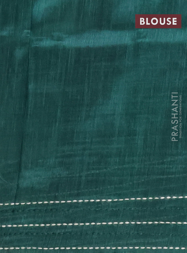 Semi tussar saree green with allover geometric prints and katha stitch work pallu & border