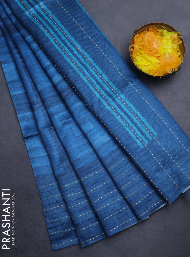 Semi tussar saree cs blue with allover geometric prints and katha stitch work pallu & border