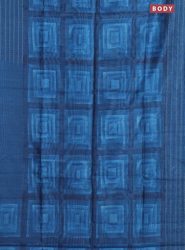 Semi tussar saree cs blue with allover geometric prints and katha stitch work pallu & border