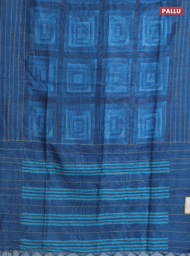 Semi tussar saree cs blue with allover geometric prints and katha stitch work pallu & border