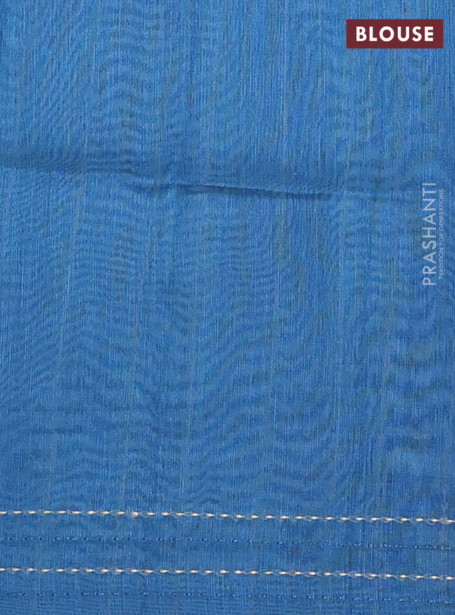 Semi tussar saree cs blue with allover geometric prints and katha stitch work pallu & border