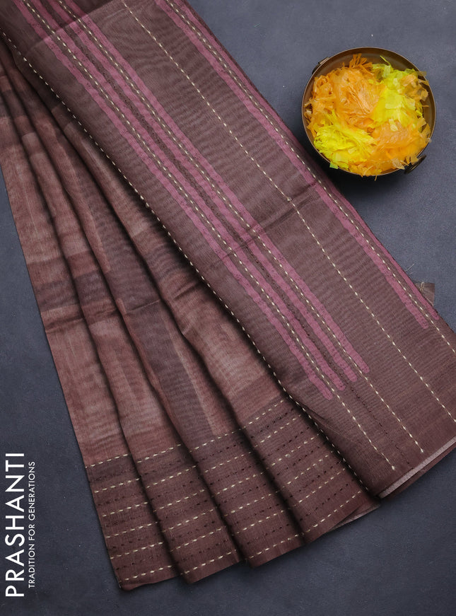 Semi tussar saree brown with allover geometric prints and katha stitch work pallu & border