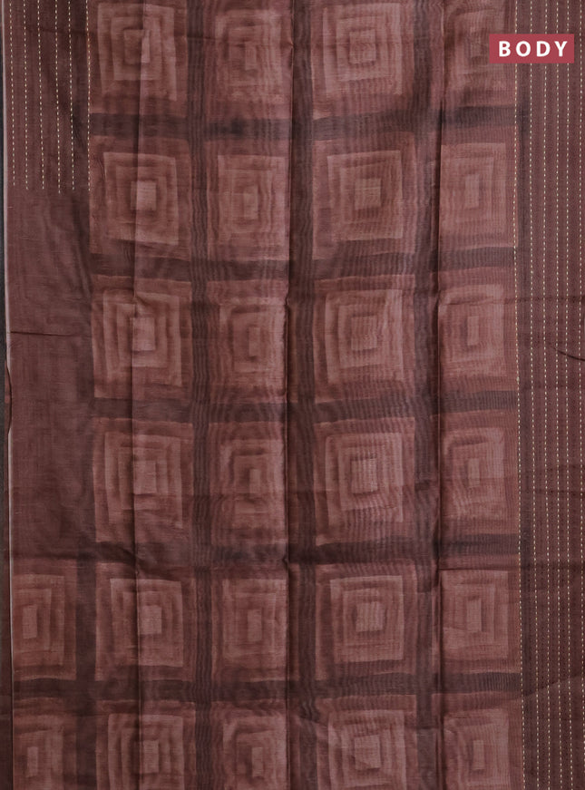 Semi tussar saree brown with allover geometric prints and katha stitch work pallu & border