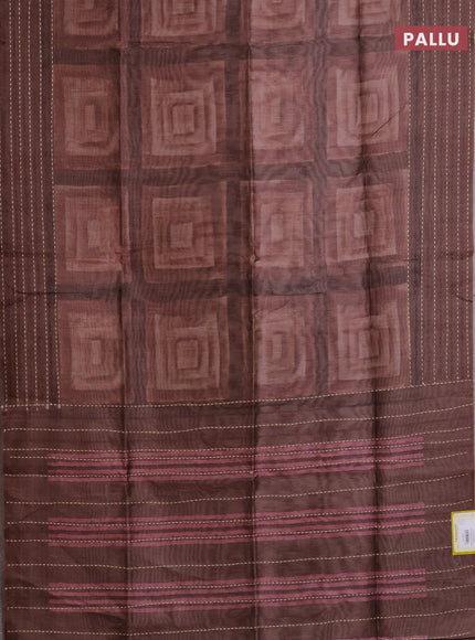 Semi tussar saree brown with allover geometric prints and katha stitch work pallu & border