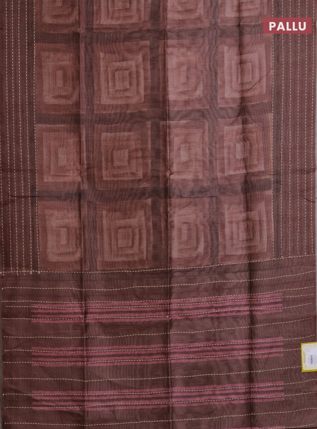 Semi tussar saree brown with allover geometric prints and katha stitch work pallu & border