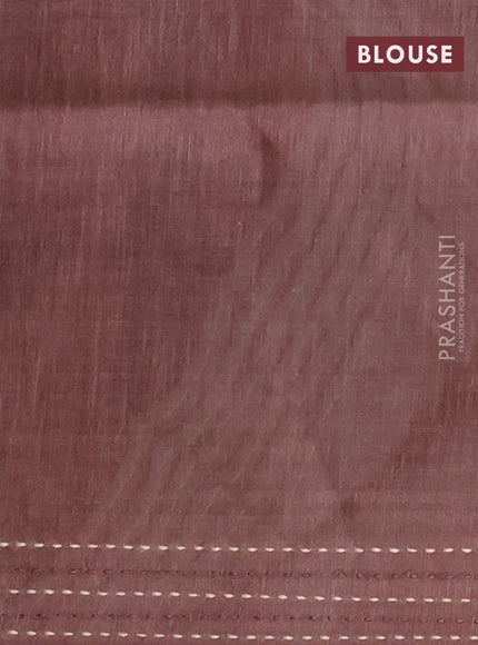 Semi tussar saree brown with allover geometric prints and katha stitch work pallu & border