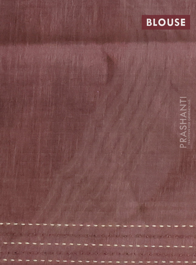 Semi tussar saree brown with allover geometric prints and katha stitch work pallu & border