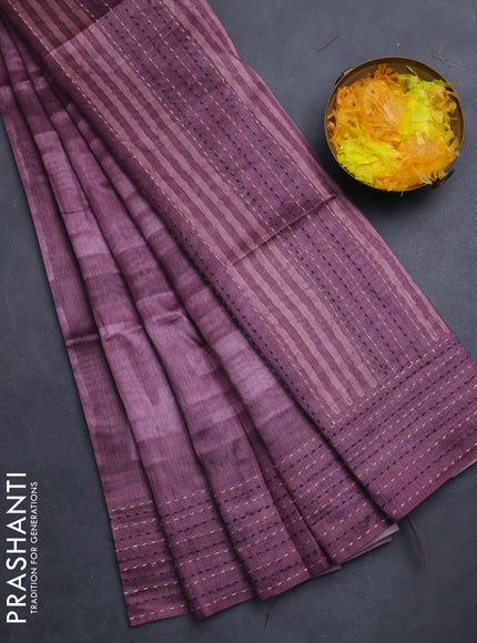 Semi tussar saree dark purple with allover geometric prints and katha stitch work pallu & border