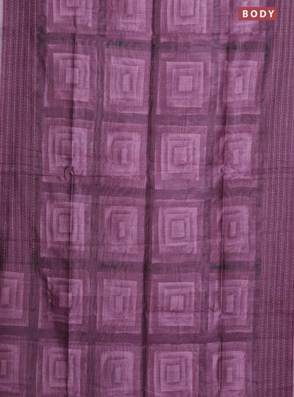Semi tussar saree dark purple with allover geometric prints and katha stitch work pallu & border