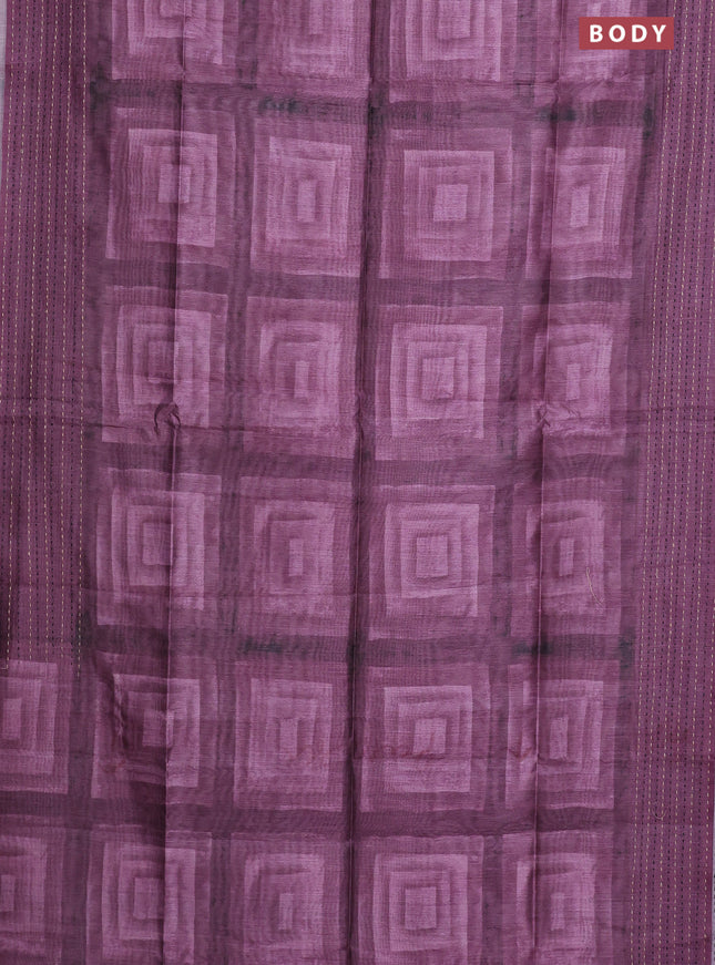 Semi tussar saree dark purple with allover geometric prints and katha stitch work pallu & border