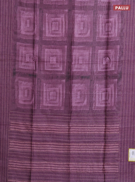 Semi tussar saree dark purple with allover geometric prints and katha stitch work pallu & border