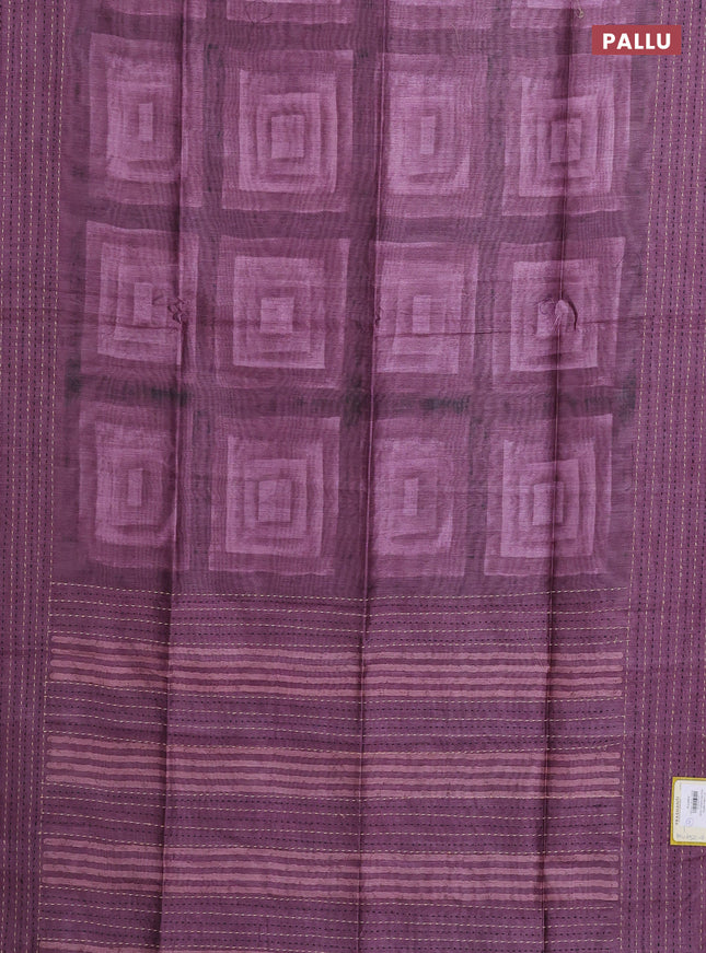 Semi tussar saree dark purple with allover geometric prints and katha stitch work pallu & border