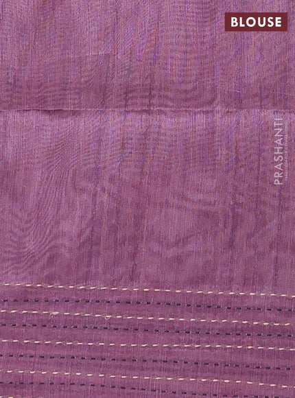Semi tussar saree dark purple with allover geometric prints and katha stitch work pallu & border