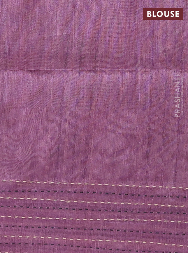 Semi tussar saree dark purple with allover geometric prints and katha stitch work pallu & border