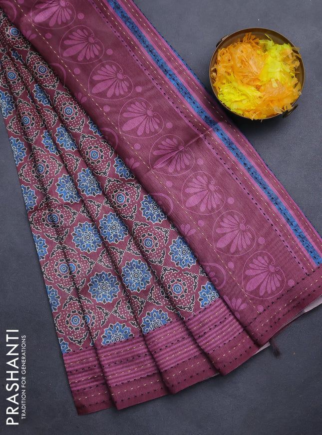 Semi tussar saree wine shade with allover ajrakh prints and katha stitch work pallu & border