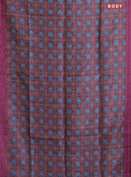 Semi tussar saree wine shade with allover ajrakh prints and katha stitch work pallu & border