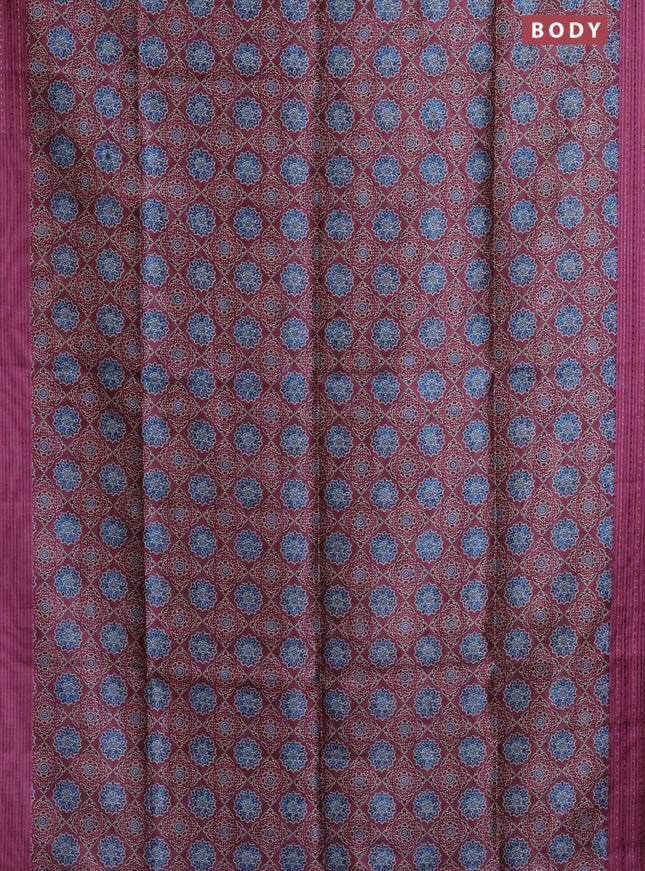 Semi tussar saree wine shade with allover ajrakh prints and katha stitch work pallu & border