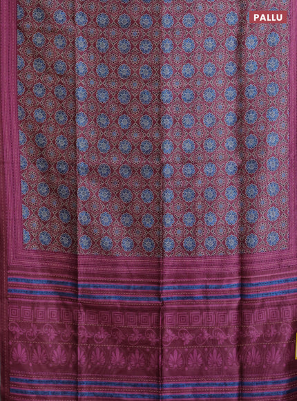 Semi tussar saree wine shade with allover ajrakh prints and katha stitch work pallu & border