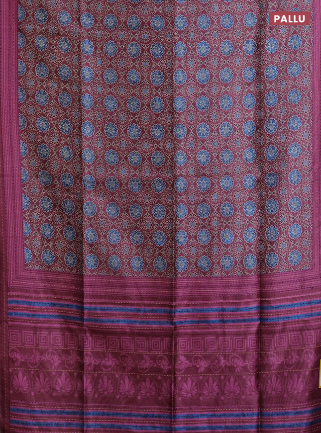 Semi tussar saree wine shade with allover ajrakh prints and katha stitch work pallu & border
