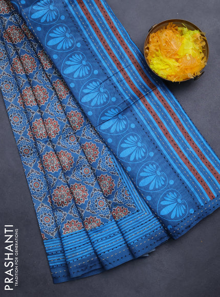 Semi tussar saree peacock blue with allover ajrakh prints and katha stitch work pallu & border