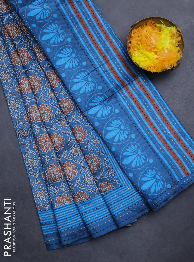 Semi tussar saree peacock blue with allover ajrakh prints and katha stitch work pallu & border