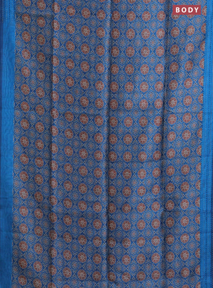 Semi tussar saree peacock blue with allover ajrakh prints and katha stitch work pallu & border