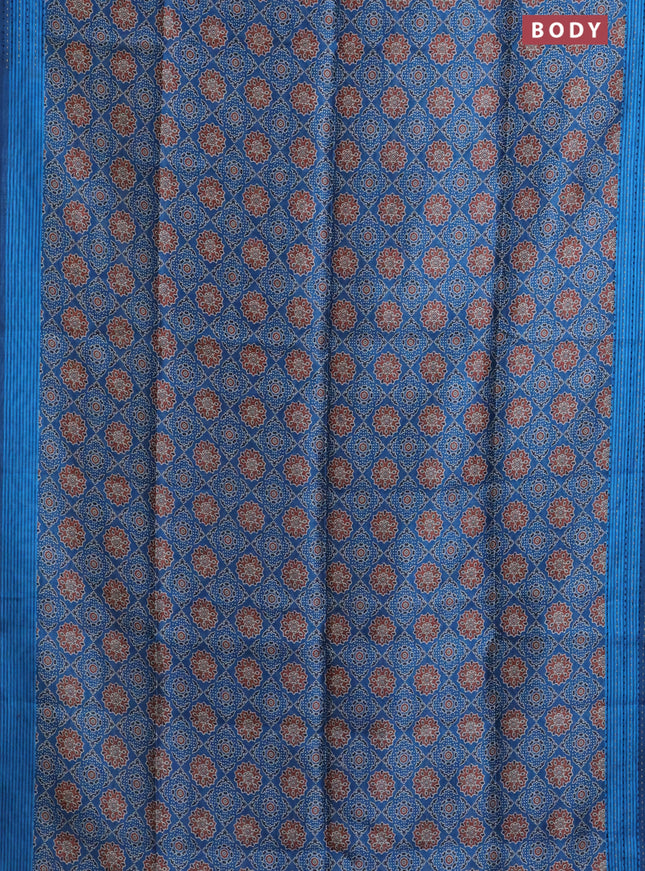 Semi tussar saree peacock blue with allover ajrakh prints and katha stitch work pallu & border
