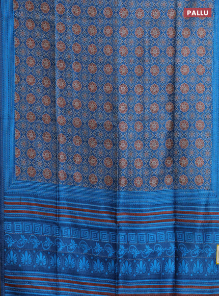 Semi tussar saree peacock blue with allover ajrakh prints and katha stitch work pallu & border