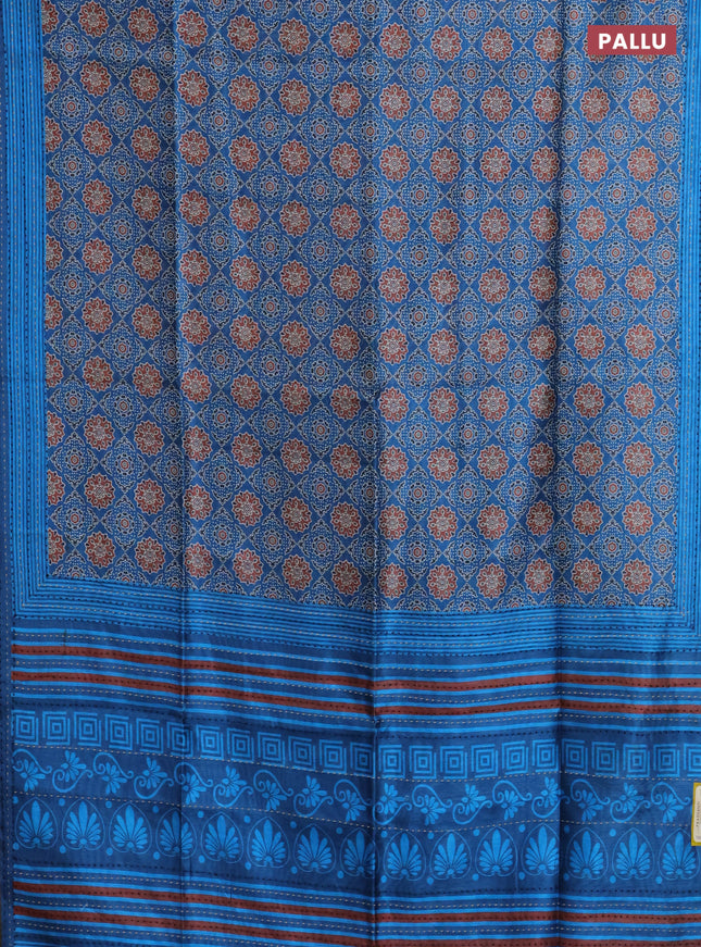 Semi tussar saree peacock blue with allover ajrakh prints and katha stitch work pallu & border