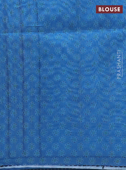 Semi tussar saree peacock blue with allover ajrakh prints and katha stitch work pallu & border