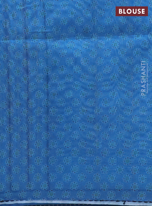 Semi tussar saree peacock blue with allover ajrakh prints and katha stitch work pallu & border