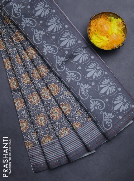 Semi tussar saree grey with allover ajrakh prints and katha stitch work pallu & border