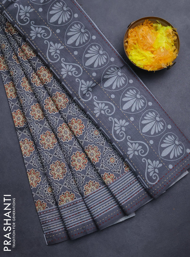 Semi tussar saree grey with allover ajrakh prints and katha stitch work pallu & border