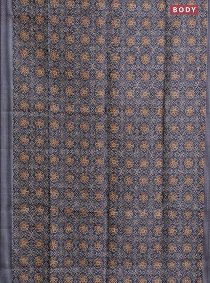 Semi tussar saree grey with allover ajrakh prints and katha stitch work pallu & border