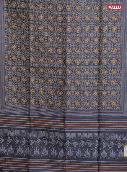 Semi tussar saree grey with allover ajrakh prints and katha stitch work pallu & border