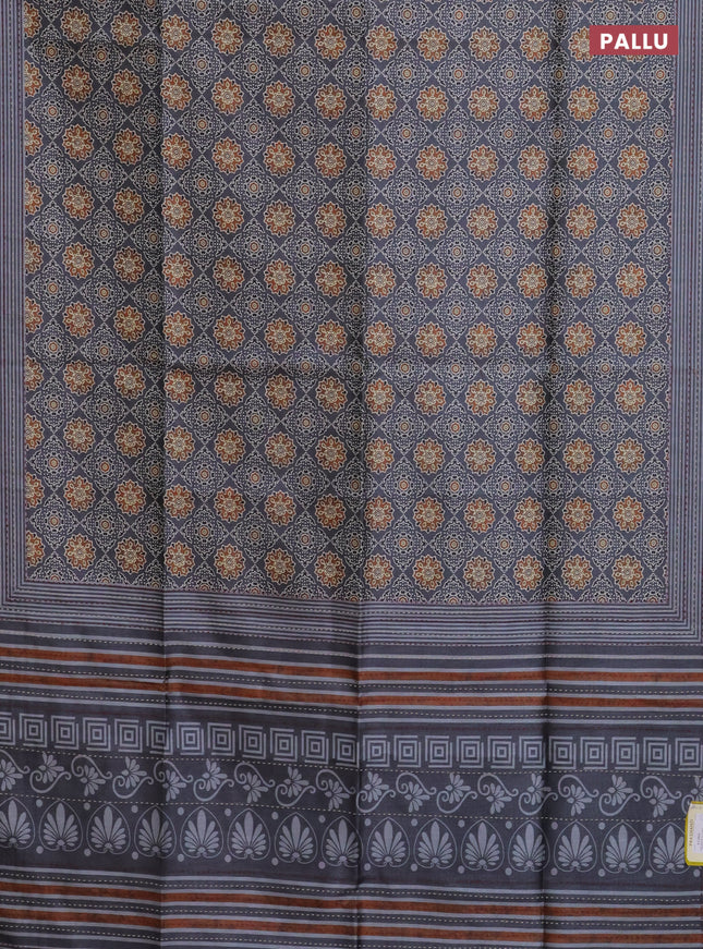 Semi tussar saree grey with allover ajrakh prints and katha stitch work pallu & border