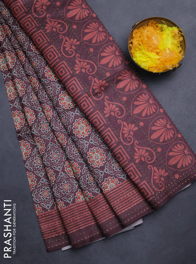 Semi tussar saree coffee brown with allover ajrakh prints and katha stitch work pallu & border