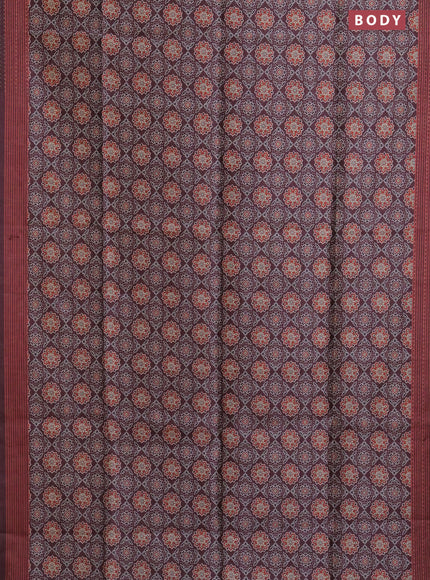 Semi tussar saree coffee brown with allover ajrakh prints and katha stitch work pallu & border