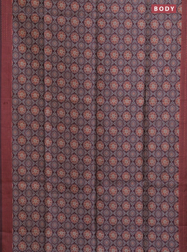 Semi tussar saree coffee brown with allover ajrakh prints and katha stitch work pallu & border