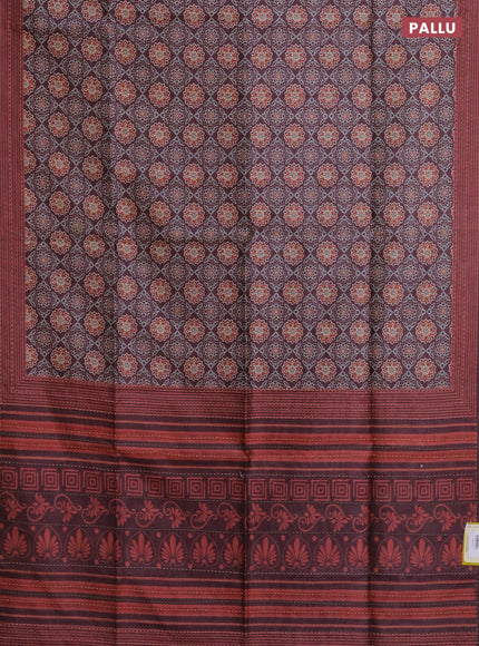 Semi tussar saree coffee brown with allover ajrakh prints and katha stitch work pallu & border