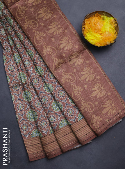 Semi tussar saree brown with allover ajrakh prints and katha stitch work pallu & border