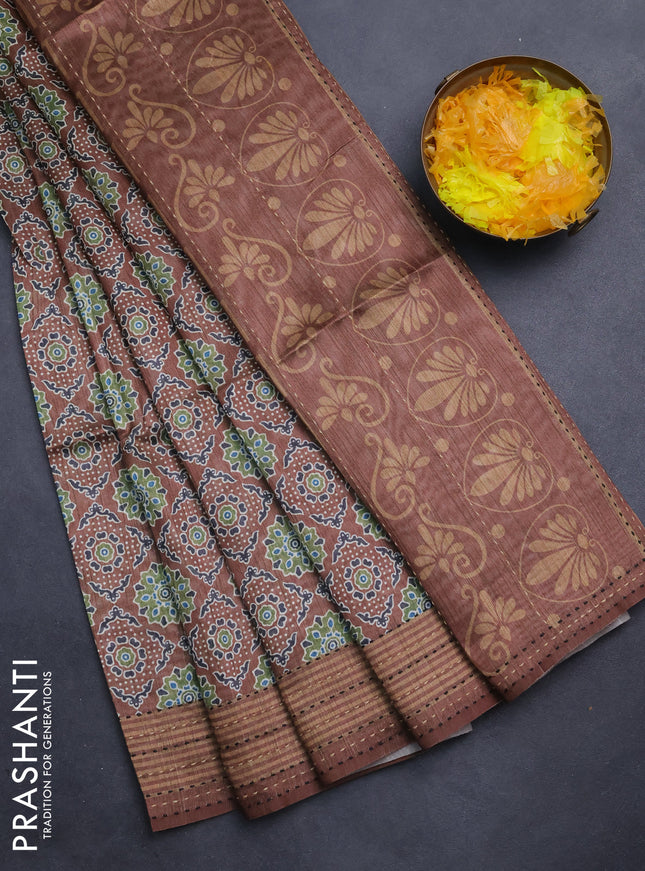 Semi tussar saree brown with allover ajrakh prints and katha stitch work pallu & border