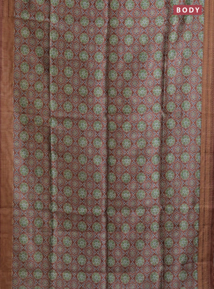 Semi tussar saree brown with allover ajrakh prints and katha stitch work pallu & border
