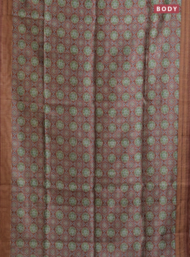 Semi tussar saree brown with allover ajrakh prints and katha stitch work pallu & border