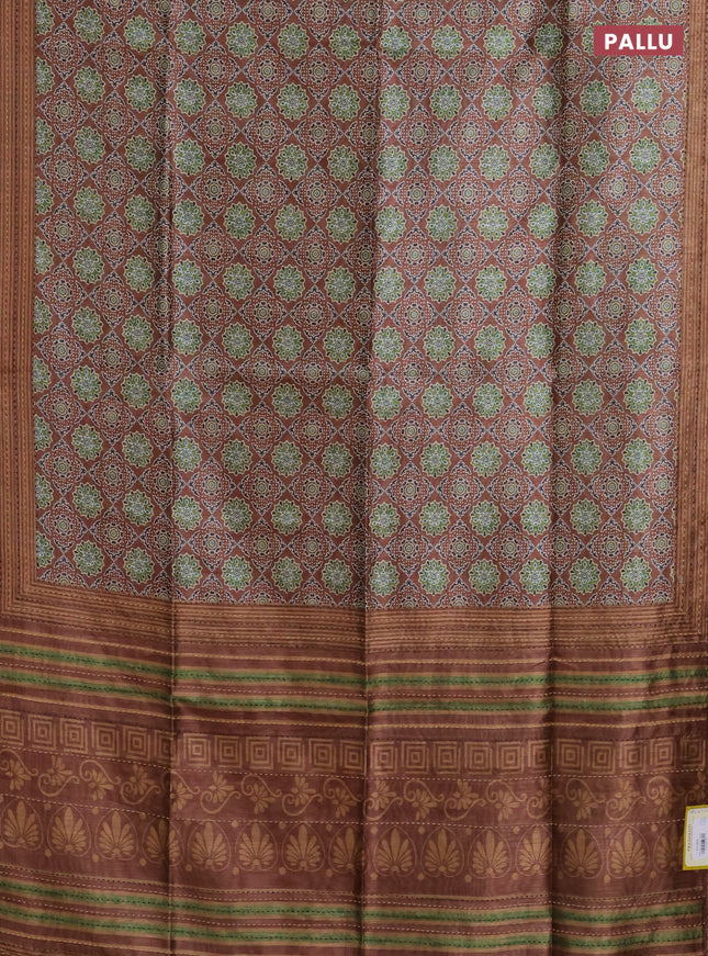 Semi tussar saree brown with allover ajrakh prints and katha stitch work pallu & border