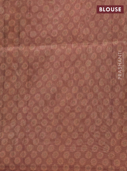 Semi tussar saree brown with allover ajrakh prints and katha stitch work pallu & border