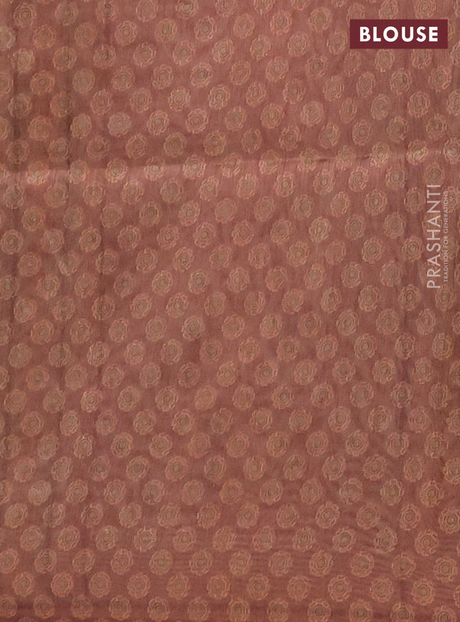 Semi tussar saree brown with allover ajrakh prints and katha stitch work pallu & border
