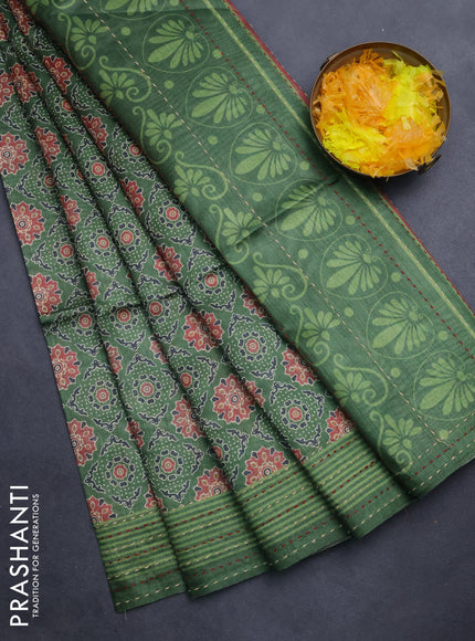 Semi tussar saree green with allover ajrakh prints and katha stitch work pallu & border