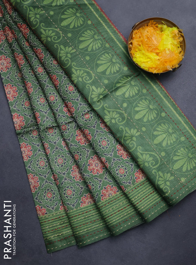 Semi tussar saree green with allover ajrakh prints and katha stitch work pallu & border